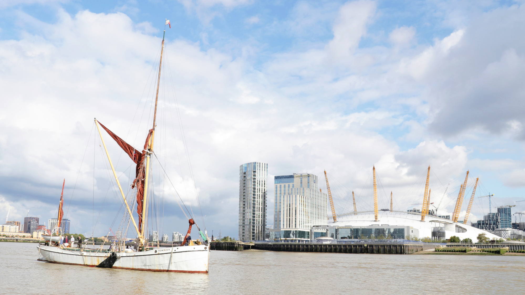 Sailing Barge Reminder waiting to re—enter the lock at West India Docks opposite O2 to become part of the Popup Museum 2017.